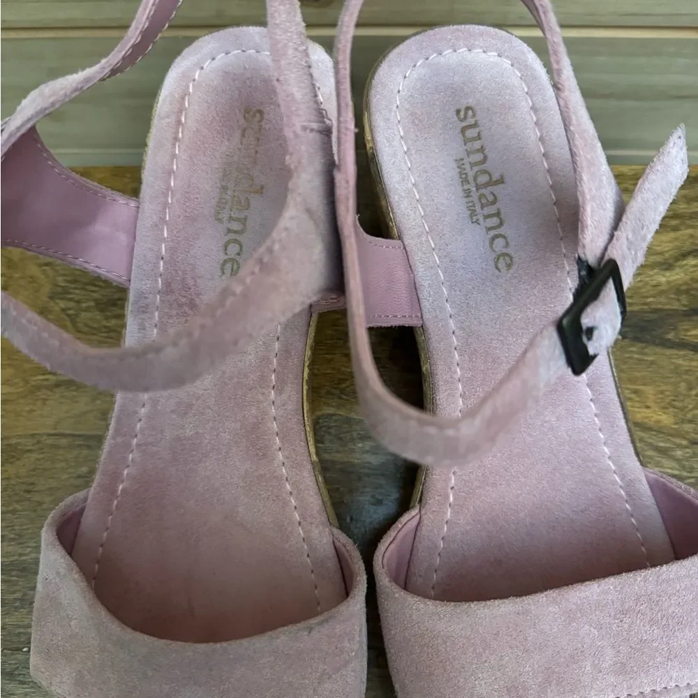 Sundance Size 40 (9) Pink Leather Suede Cork Wedge Platform Sandal Shoes